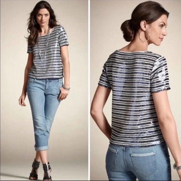 Chico's Women's Starlet Sequin Striped Holiday Top Size 12 Large (Chico's 2) - Picture 1 of 11
